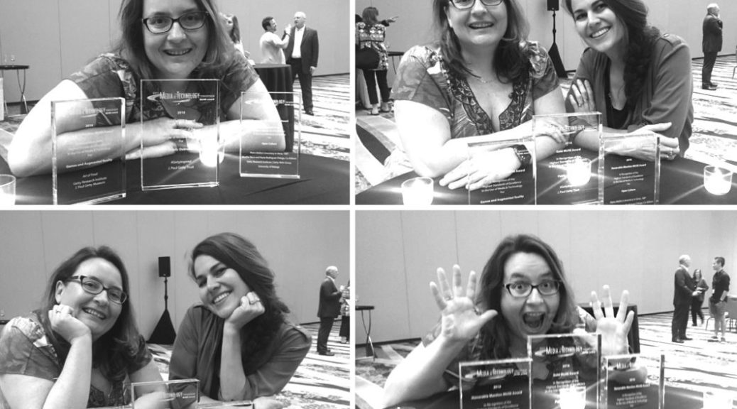 Collage of four images of me and my colleague Alicia posing with the three awards.